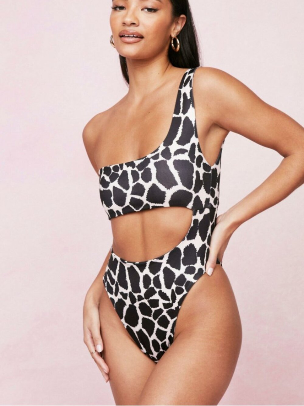 Nasty Gal One-Piece One Shoulder Asymetrical Swimsuit Animal Print Black White